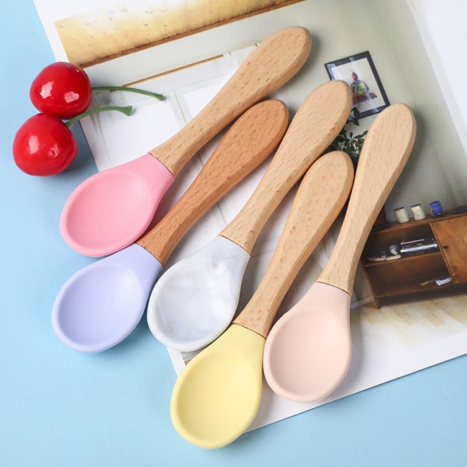 silicone baby spoon with wooden handle