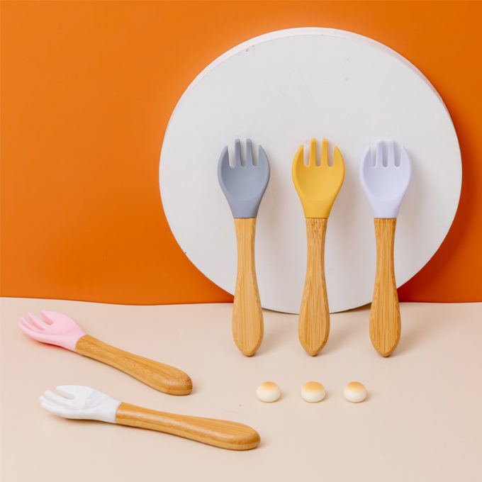 Wooden handle silicone baby fork