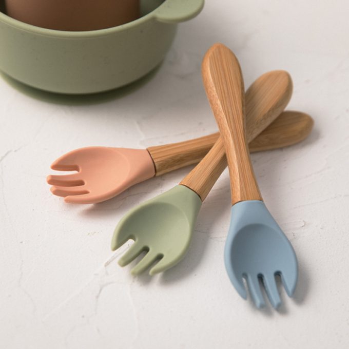 Wooden handle silicone baby fork