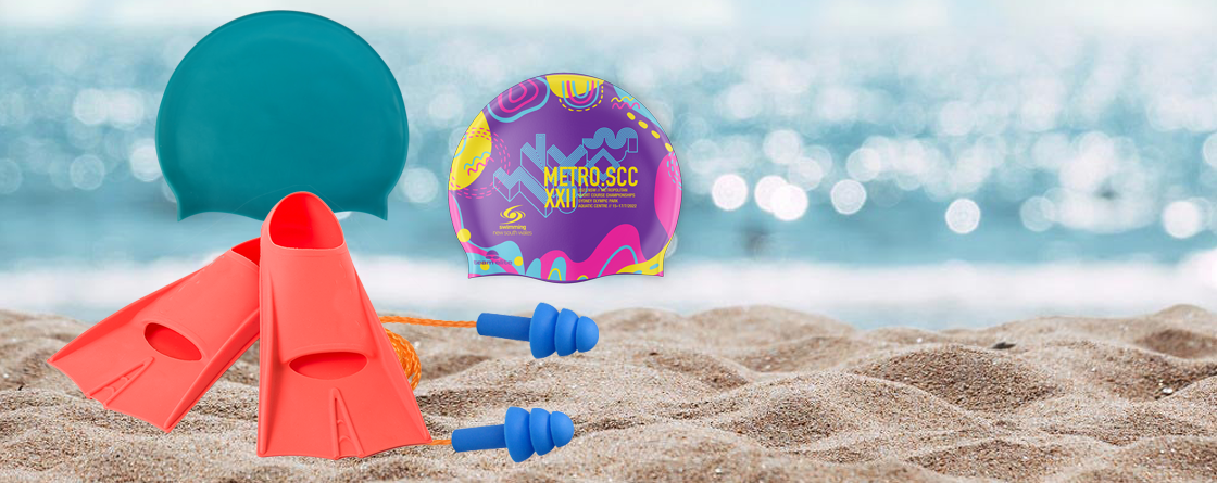 silicone swimming caps, diving fins, earplugs.